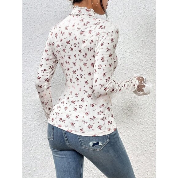 Rib Knit Ditsy Floral Print Embroidery Mesh Flare Sleeve Mock Neck Tee - Picture 3 of 9